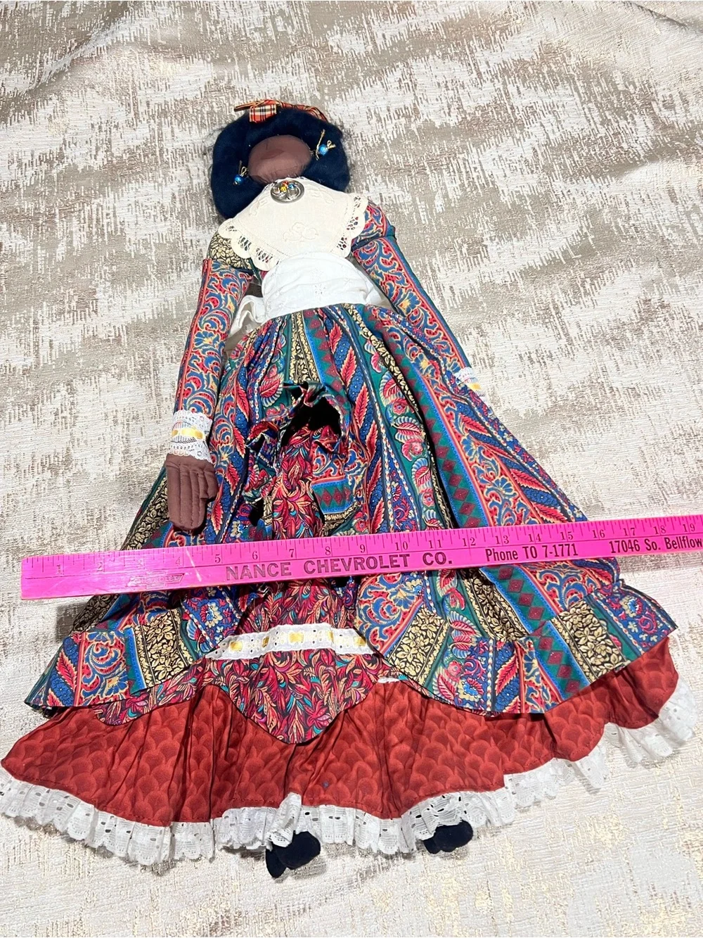 Handmade 22 in Cloth Rag Doll, Dark Girl w/ Black Curly Hair, Victorian